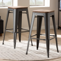 Baxton Studio T-5046-Gun-BS Henri Vintage Rustic Industrial Style Tolix-Inspired Bamboo and Gun Metal-Finished Steel Stackable Bar Stool  Set